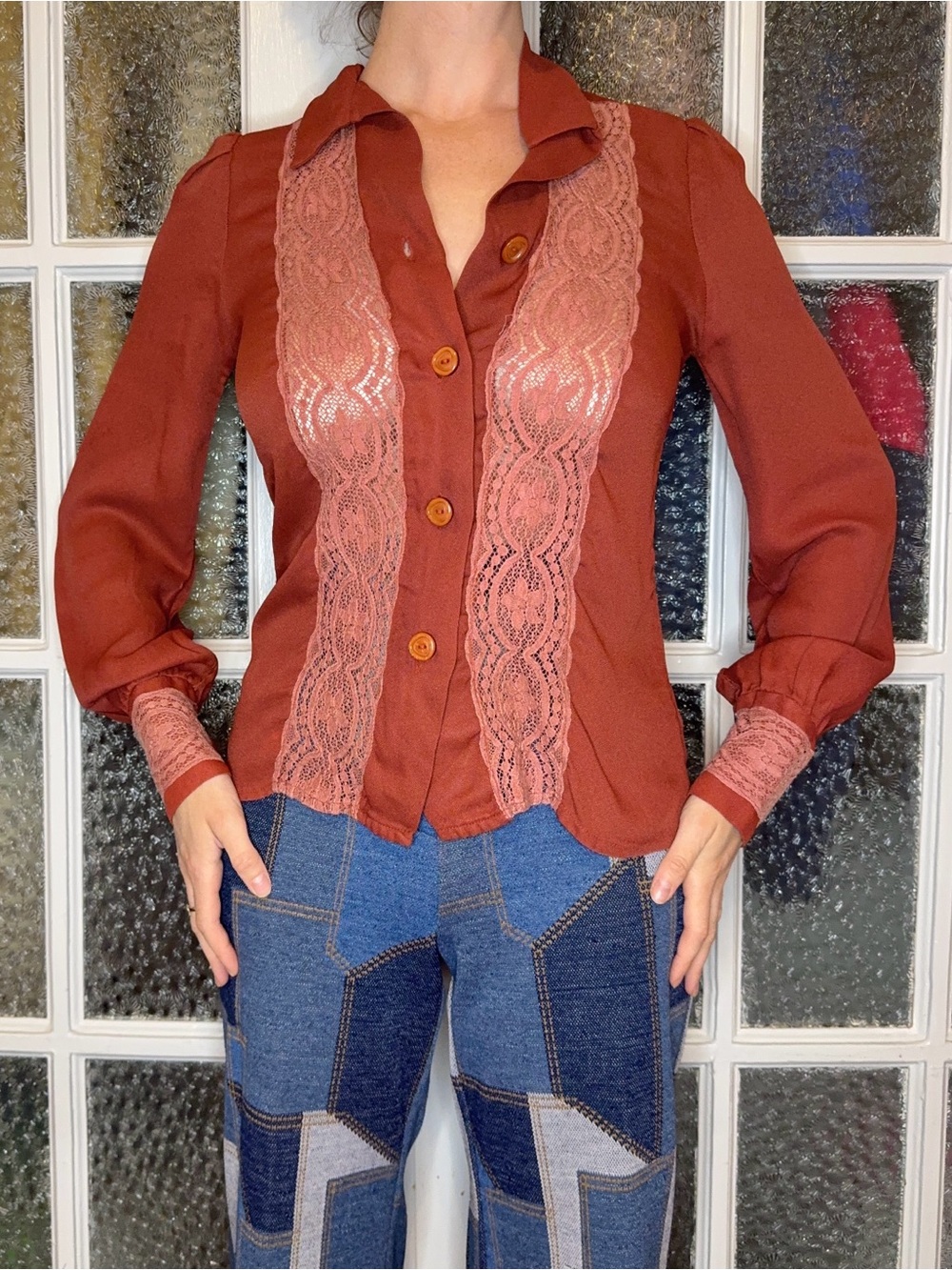 Womens Rust Lace-Trim Button Front Blouse